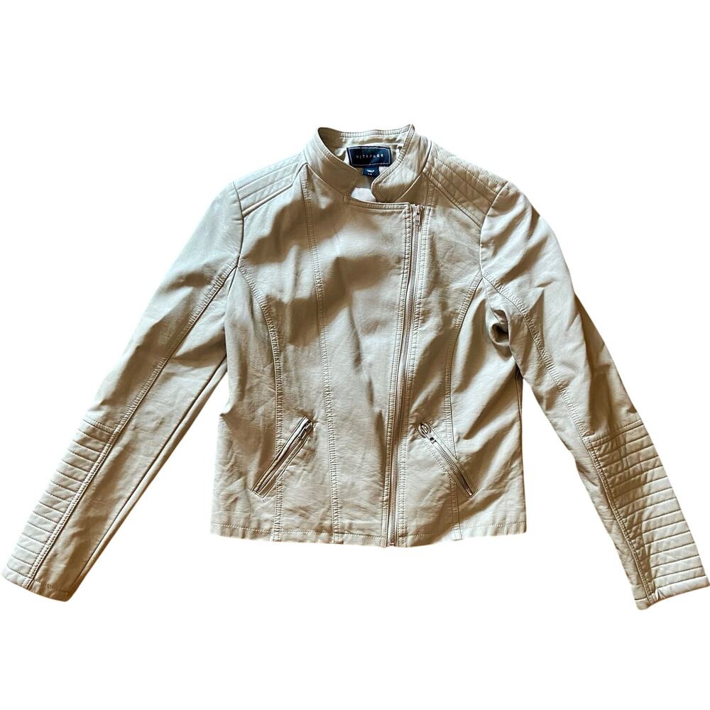 Metaphor Women's Taupe Faux Leather Moto Jacket Size L Quilted Biker Coat Beige